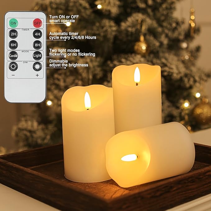 Flameless Candles with Remote, Battery Operated Real Wax LED Flickering Candles with Timer, Fake Electric Candles for Christmas Party Room Home Decor, Set of 3 (Ivory)
