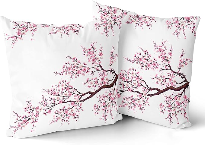 Cherry Blossom Throw Pillow Cover - Japanese Decorative Pillowcases 20x20 Inch Set of 2 Pink Flower Pillow Cases with Hidden Zipper Home Cushion Decorative