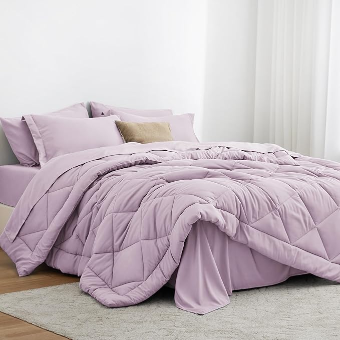 Love's cabin Twin Comforter Set Light Purple, 5 Pieces Twin Bed in a Bag, All Season Bedding Sets with 1 Comforter, 1 Flat Sheet, 1 Fitted Sheet, 1 Pillowcase and 1 Pillow Sham