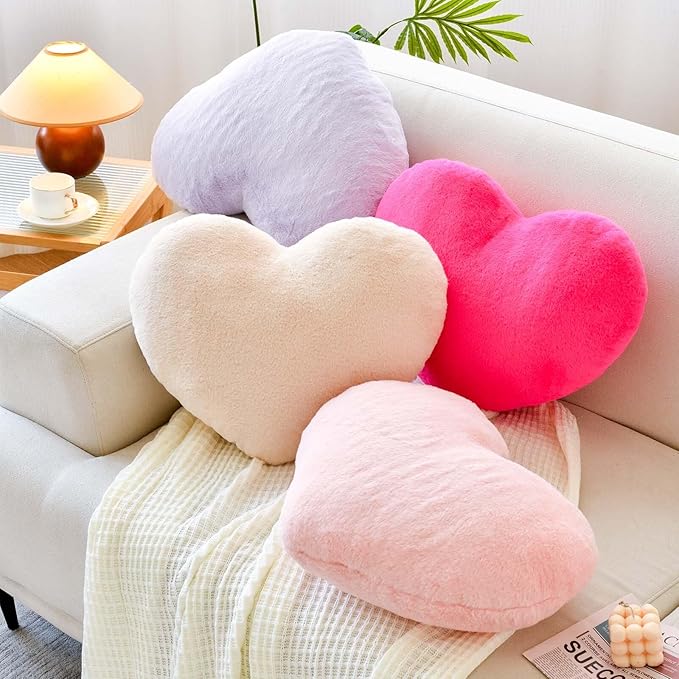 Hot Pink Heart Pillows, Cute Heart Decorative Pillow, Heart Shaped Throw Pillows for Bed, Faux Rabbit Fur Plush Hoom Decor Pillow Cushion for Chair Sofa Living Room (Mini 12.9" x 9.8")