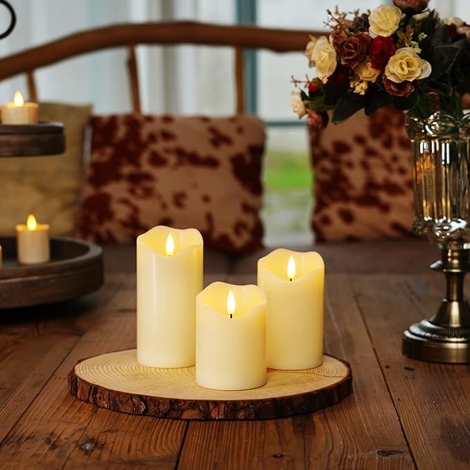 Homemory Flickering Flameless Candles, Realistic LED Candles with Remote and Timer, Real Wax Battery Operated Candles, Set of 3, Ivory