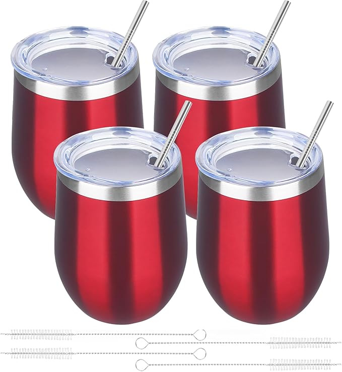 12oz/4 Pack Wine Tumbler Glasses with Lid Stemless Double Wall Vacuum Stainless Steel Travel Tumbler Keeping Cold & Hot for Wine,Coffee,Cocktails,Christmas Drinks-Family and Gifts (Red-4 pack)