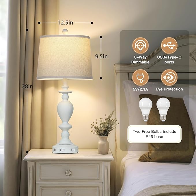 28" White Farmhouse Table Lamps Set of 2 with USB C+A Ports & AC Outlet for Vintage Living Room Rustic Bedroom,3-Way Dimmable Touch Lamp Retro Resin Bedside Lamps for Nightstand Side Table