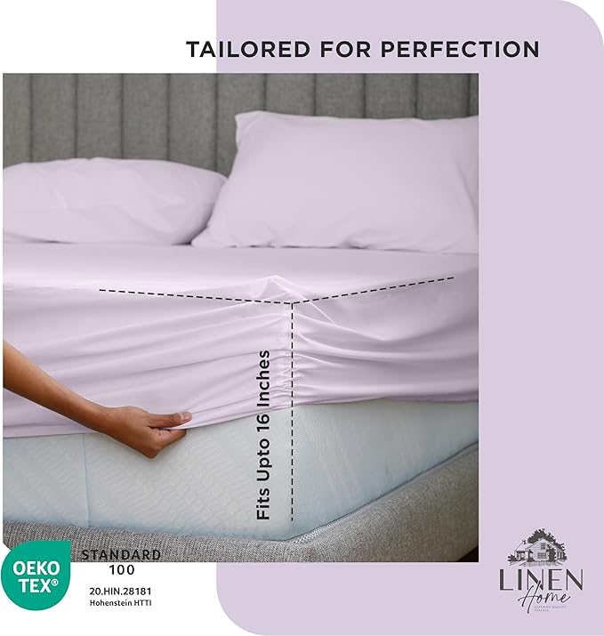 Linen Home 100% Cotton Percale Weave Fitted Sheet, King Size, Iris Lilac, 1 Deep Pocket Fitted Sheet, Fits Mattress Upto 16" Crisp and Cool Strong Bed Linen, 78"X80"+15"