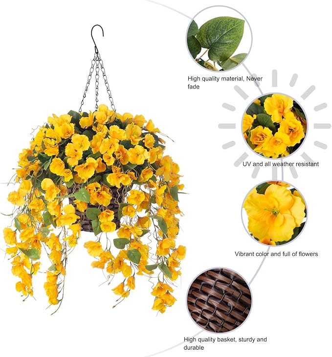 Artificial Hanging Flower Baskets for Fall Decoration, Outdoor Fake Plant Faux Silk Hibiscus Long Vines in Planter UV Resistant Realistic Flowers for Outside Porch Patio Home Decor, Yellow