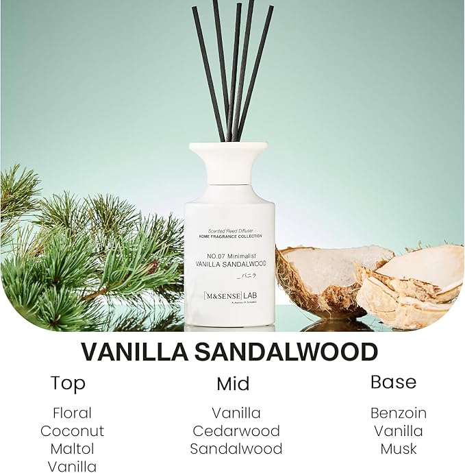 M&SENSE Minimalist Large Reed Diffuser 300ml, Vanilla Sandalwood Scented with Natural Essential Oils, Long Lasting with 7 Sticks, Non-Toxic Home Fragrance for Bedroom, Bathroom Decor