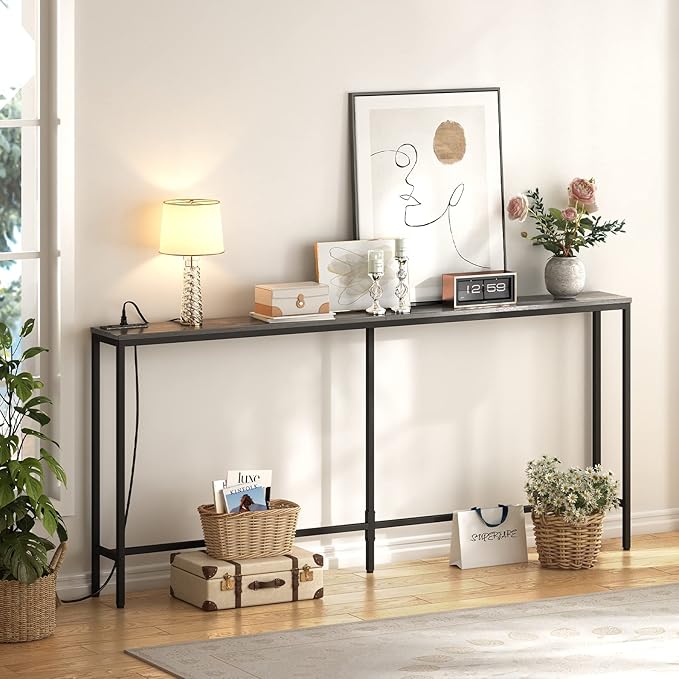 SUPERJARE 70 Inch Console Table with Outlet, Sofa Table with Charging Station, Narrow Entryway Hallway Table, Behind Couch Table, for Living Room, Charcoal Gray