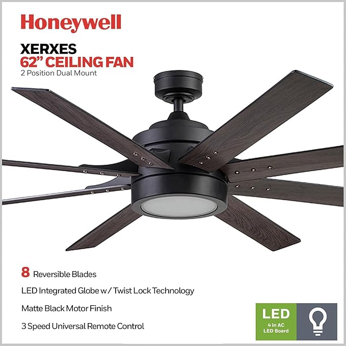 Honeywell Ceiling Fans Xerxes Modern 62 Inch Ceiling Fan with Light, Remote Control Fan, LED Indoor Fan with 8 Blades, Matte Black and Ash Blade Finish Options, Matte Black (51473-01)