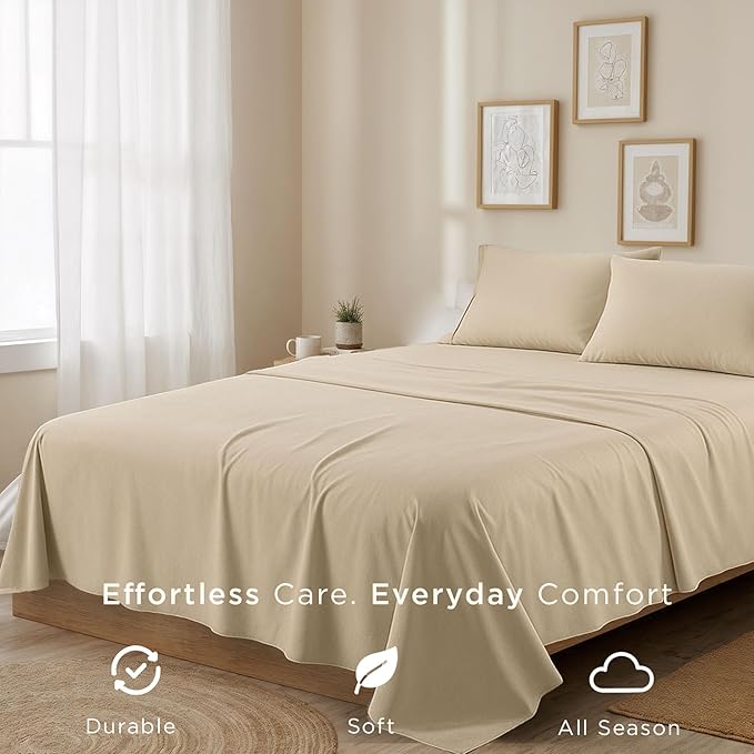 Threadmill Cotton Full Size Sheet Set| 100% Cotton Sheets for Full Size Bed | Solid Sateen Full Bed Sheets Set with 16” Elasticized Deep Pocket | Soft Breathable 4-Piece Cooling Sheet Set | Beige