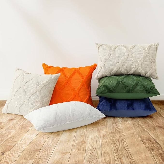 decorUhome Fall Throw Pillow Covers 16x16 Inch Set of 2, Soft Plush Faux Fur Wool Orange Couch Pillow Covers, Decorative Neutral Pillow Cases for Bed Sofa Living Room Home Decor