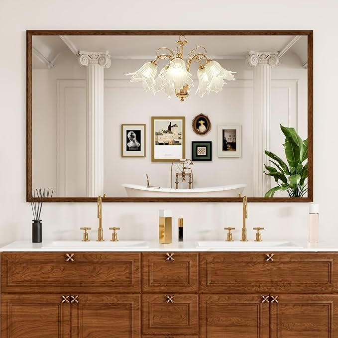 Rectangle Walnut Bathroom Mirror 60x36 Inch, Anti-Rust 4MM Tempered Glass, Modern Vanity Mirror for Bathroom, Horizontal or Vertical Wall Mount