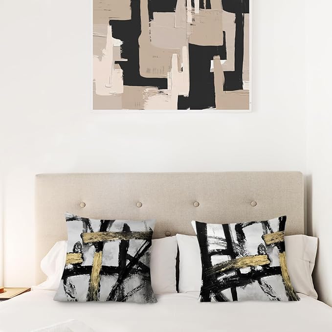 Black White Gold Pillow Covers, White Black and Gold Pillow Covers 18x18 Set of 2, Modern Black and White Pillow Covers for Couch Bed Living Room