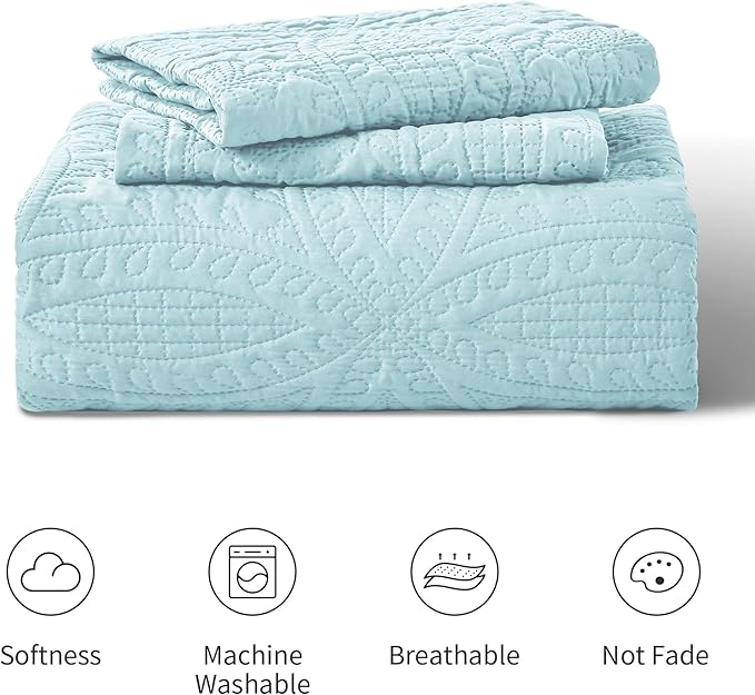 Love's cabin Quilts for Queen Bed Spa-Blue Bedspreads - Soft Bed Summer Lightweight Bedspread Comforter - Modern Style Coin Pattern Coverlet for All Season - 3 Pieces (1 Quilt, 2 Pillow Shams)