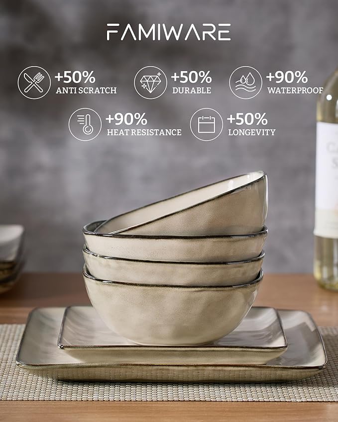 Famiware Dinnerware Sets for 8, Ocean Square 24-Piece Kitchen Plates and Bowls Sets, Microwave and Dishwasher Safe, Scratch Resistant, Light khaki