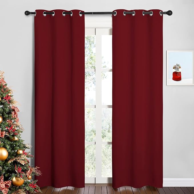NICETOWN Christmas Burgundy Bedroom Curtains Blackout Draperies, Christmas Decorations Thermal Insulated Solid Grommet Top Blackout Drapes for Cafe (One Pair, 34 x 84-inch)