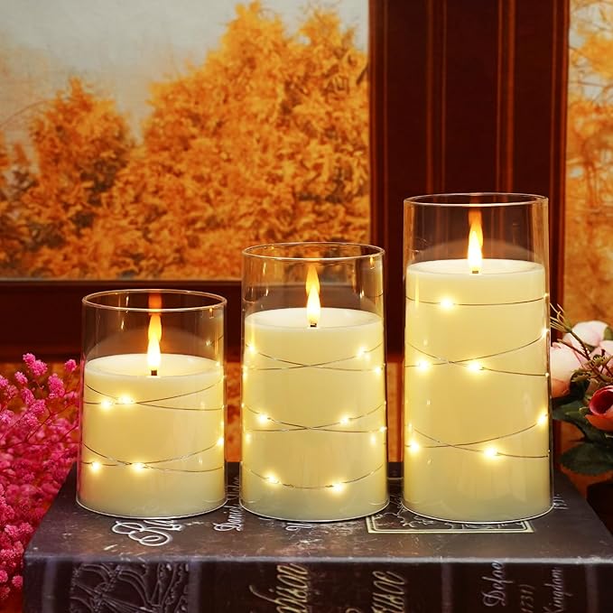 Flameless LED Candles with Timer 3 Pc Flickering Flameless Candles for Romantic Ambiance and Home Decoration Stable Acrylic Shell,with Embedded Star String，Battery Operated Candles（Ivory）