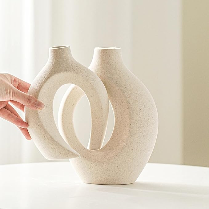 Levvohd Off White Hollow Ceramic Vase Set of 2, Round Modern Vase for Nordic Minimalist Book Style Shelf Decor, Donut Boho Aesthetic Vases for Trendy Home Living Room Entryway Coffee Table Decorative