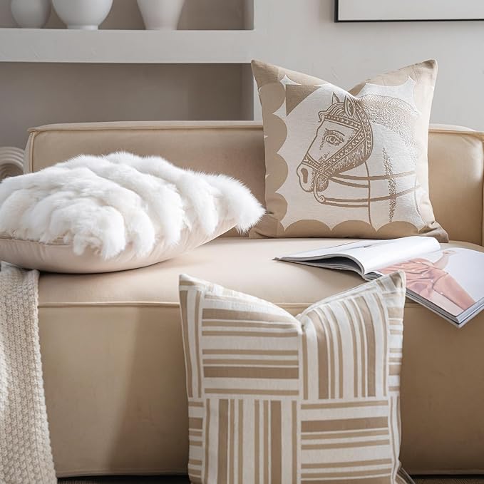 Premium Throw Pillow Covers 22x22 Inches - Oatmeal Horse Chenille Jacquard Embroidery Decorative Couch Pillow Covers for Living Room Bedroom Sofa Home Décor