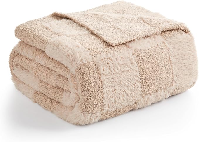 Snuggle Sac Checkered Throw Blanket Faux Fur Microfiber Blankets for Couch,Cozy Soft Warm Blanket for Sofa Bedroom Living Room,Solid Beige,50x60 inches
