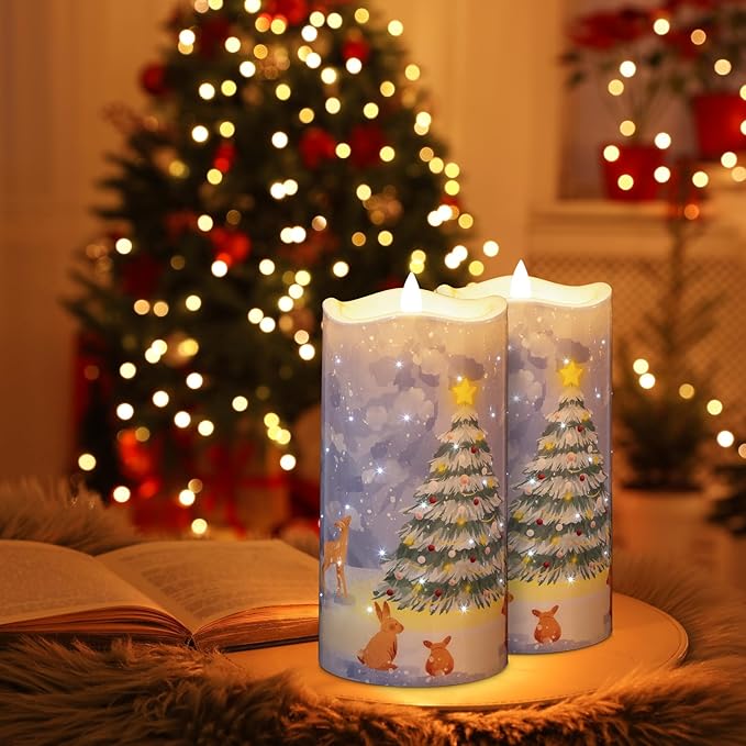 Eywamage Fiber Optic Flameless Candles with Remote, Flickering Battery Operated Christmas LED Pillar Candles Set of 3