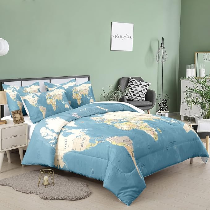 Tailor Shop Multicolored World Map Comforter Set for Boys Girls Geography Blue Ocean Asia Europe Africa America Map World Map Bedding Sets King Size 3 Pieces with 1 Comforter 2 Pillowcases,06