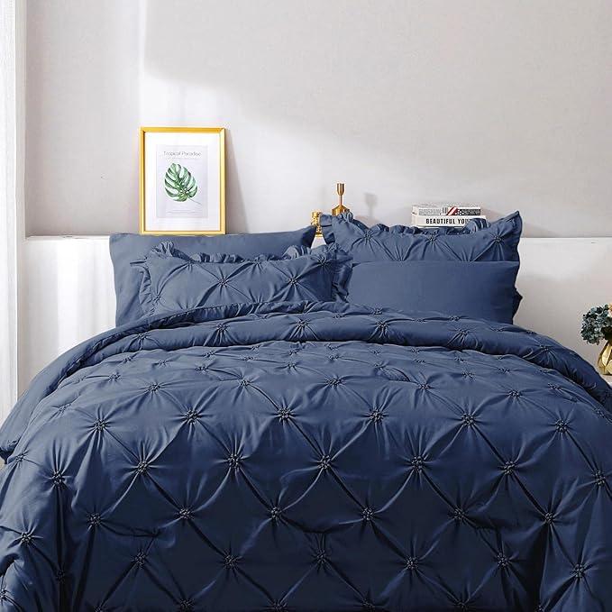 JOLLYVOGUE Navy Blue Cal King Size Comforter Sets 7 Pieces, Pintuck Bed in a Bag Comforter Set for Bedroom, Bedding Comforter Sets with Comforter, Sheets,Ruffled Shams & Pillowcases