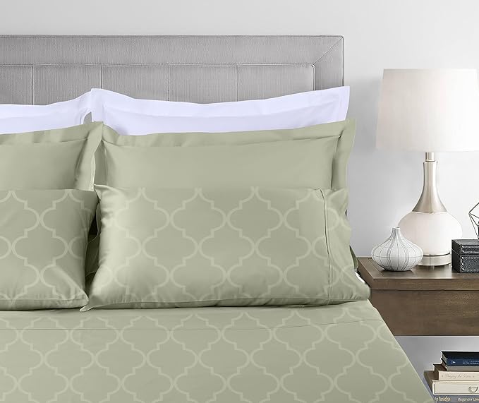 Threadmill Cotton Full Size Sheet Set | 100% Cotton Sheets for Full Size Bed | Damask Jacquard Full Bed Sheets Set with 16” Deep Pocket | Soft Sateen Weave 4-Piece Cooling Bedding Set | Sage