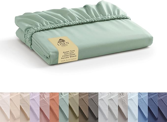 Linen Home 100% Cotton Percale Weave Fitted Sheet, Twin Size, Pastel Turk, 1 Deep Pocket Fitted Sheet, Fits Mattress Upto 16" Crisp and Cool Strong Bed Linen, 39"X75"+15"