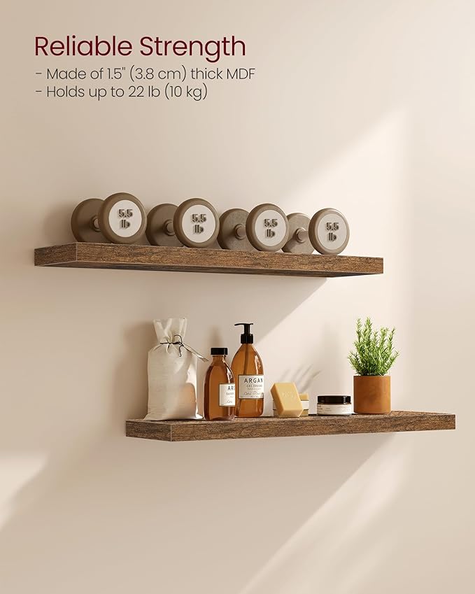 VASAGLE Wall Shelves Set of 2, Floating Shelves, Wall Mounted, 8 x 23.6 x 1.5 Inches, Display Shelves for Picture Frames, Wall Decor, Hanging Shelf for Living Room, Kitchen, Rustic Brown ULWS056B01