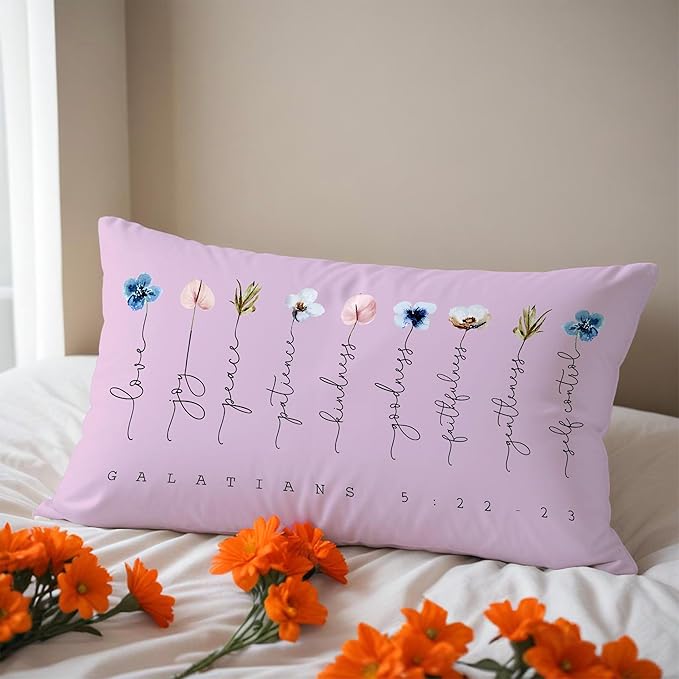 Fruit of The Spirit Bible Verse Pillow Covers 12x20, Boho Floral Christian Throw Pillow Covers for Home Office Church Decor, Christian Gifts for Women, Faith Based Gifts(Purple)