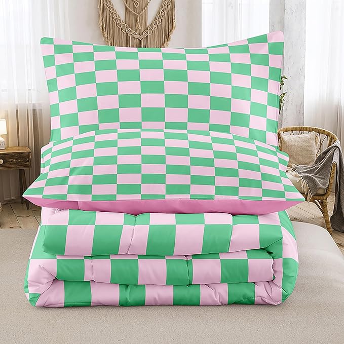Tailor Shop Green Pink Plaid Comforter Sets King Women Men Green Checkerboard Grid Bedding Boys Girls Modern Grass Checkered Geometric Quilts Aesthetic Room Decor with 2 Pillowcases…