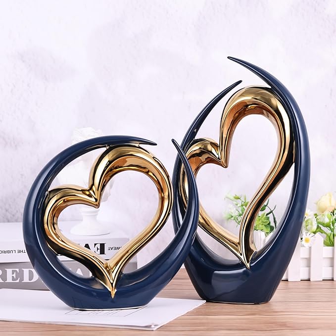 Ceramic Heart Decor Love Statue, Navy Blue Gold Double Hearts Sculptures for Home Table Centerpiece Decor, Valentine, Wedding, Decorative Items for Shelves, Coffee Table Decor (Hug Heart-Tall)