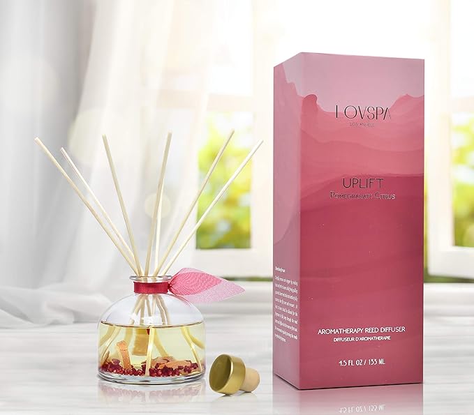 LOVSPA Reed Diffuser Set, Uplift Pomegranate Citrus Scented Oil Diffuser with Sticks, Home Fragrance Accessories for Bathroom Shelf Decor, Aroma Diffusers for Home or Office Desk, USA Made