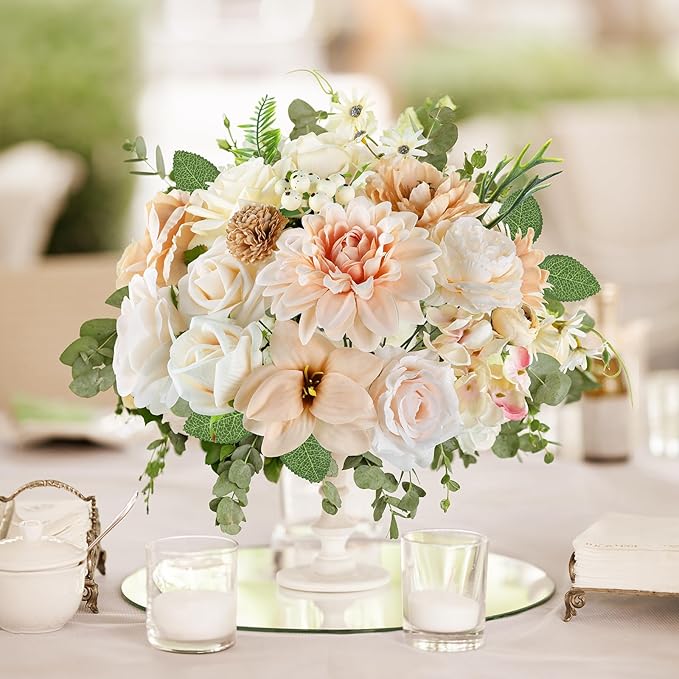 AmyHomie Nude Color Artificial Flowers Combo Silk Mix Peony Rose Fake Flowers w/Stem for DIY Wedding Bouquets Centerpieces Arrangements Table Fall Decor Party Bridal Baby Shower Home Decorations