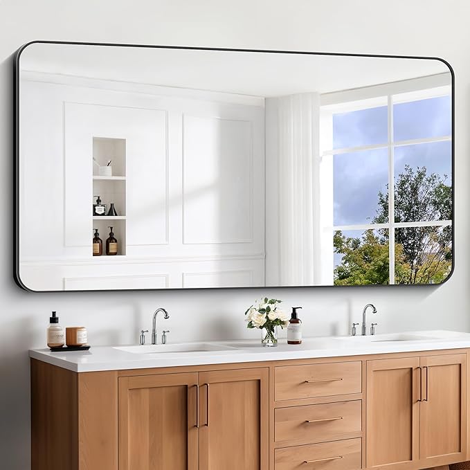 Large Bathroom Mirror 72x36 inch, Black Rectangle Mirrors with Metal Frame, Rounded Corner Rectangular Mirror for Bathroom, Oversized Wall Mounted Mirror for Over Sinks Living Room Bedroom
