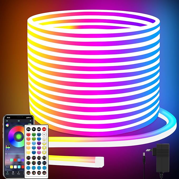 132FT Led Neon Rope Lights Control with App/Remote,Flexible Led Rope Lights,Multiple Modes,IP65 Outdoor RGB Neon Lights Waterproof,Music Sync Gaming Led Neon Strip Lights for Bedroom Décor