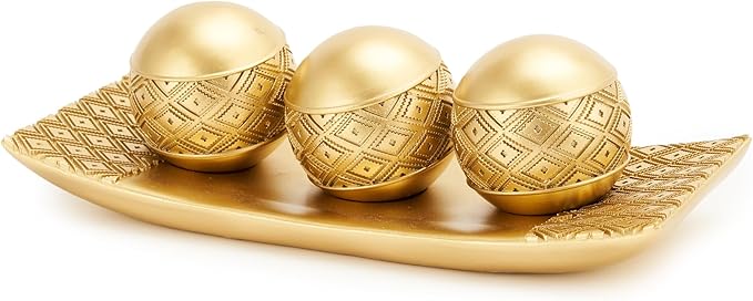 Gold Spheres Orbs Set of 3 with Tray for Centerpiece Table Decoration, Golden Accent Center Piece for Home Dining Room Table Centerpiece Decoration