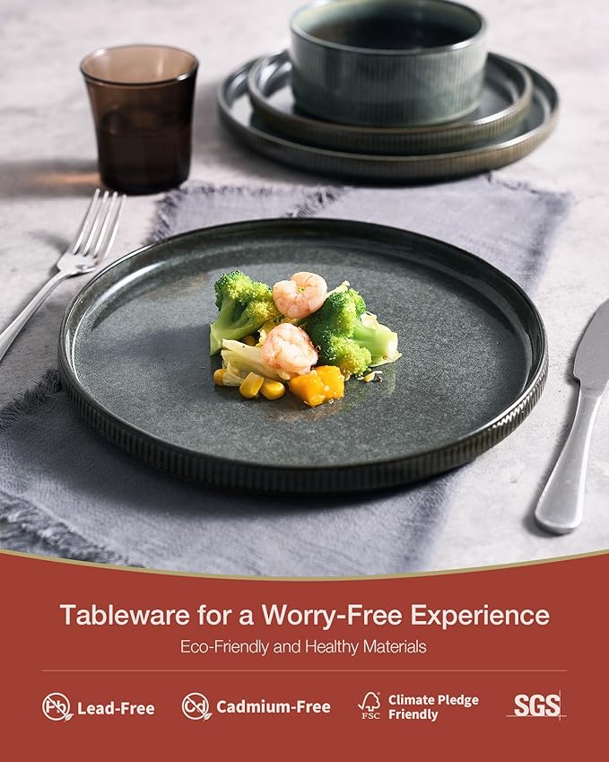 Famiware Star Dinnerware Set, Plates and Bowls Sets for 4 (12pcs), Ribbed Stoneware Dishes - Chip & Scratch Resistant, Microwave & Dishwasher Safe, Deep Forest