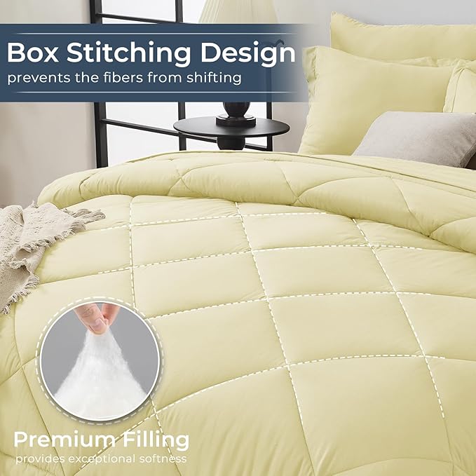 HEVUMYI Cream Yellow King Comforter Set - 7-Piece All Season Bed in a Bag King, Ultra Soft Bedding Set with Comforter, Flat Sheet, Fitted Sheet, Pillowcases, Pillow Shams