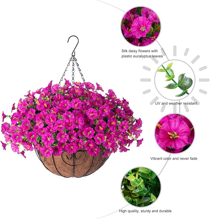 Artificial Fake Hanging Flowers Plants Baskets for Outdoor Spring Summer Decoration, Faux Silk Morning Glory in Planter UV Resistant Realistic for Home Outside Porch Patio Balcony Garden Yard, Fuchsia