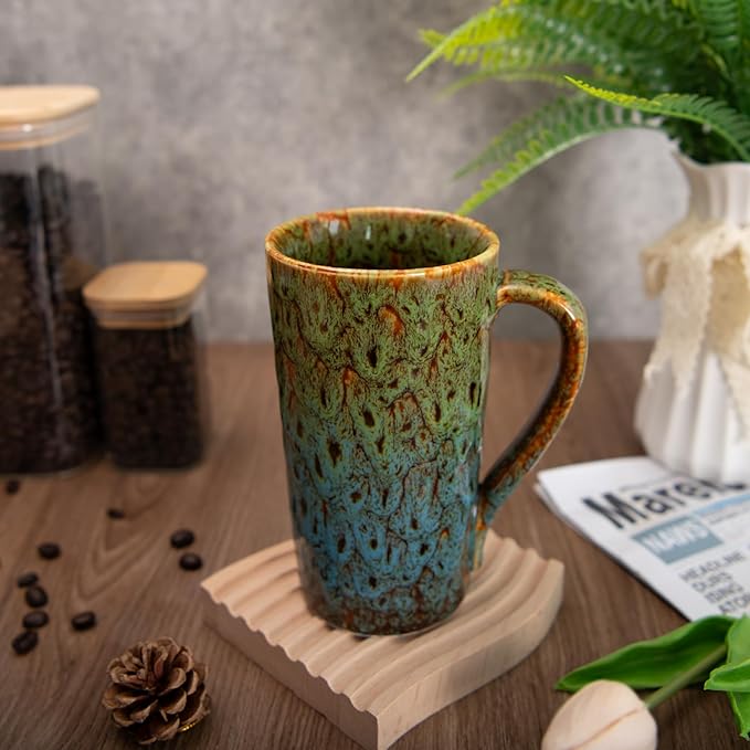 20oz Porcelain Coffee Mugs Set of 4, Large Tall Coffee Mugs with Handles, Modern Ceramic Coffee Cups for Coffee, Tea, Cocoa, Milk, Gifts for Women Men - Green & Blue