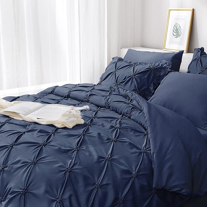 JOLLYVOGUE Queen Comforter Set 7 Pieces, Navy Blue Bed in a Bag Comforter Set for Bedroom, Bedding Comforter Sets with Comforter, Sheets,Ruffled Shams & Pillowcases
