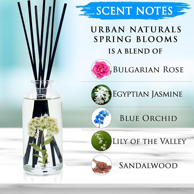 Urban Naturals Spring Blooms Scented Reed Diffuser Oil Set | Real Flowers in The Bottle! Bulgarian Rose, Egyptian Jasmine, Blue Orchid, Lily of The Valley, Amber | Great Idea