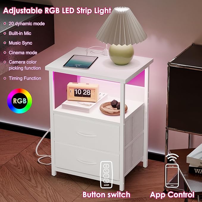 Fixwal Night Stand with Charging Station, LED Nightstand with U-S-B Ports and Outlets, 2 Fabric Storage Drawers with PU Finish, Bed Side Table, White