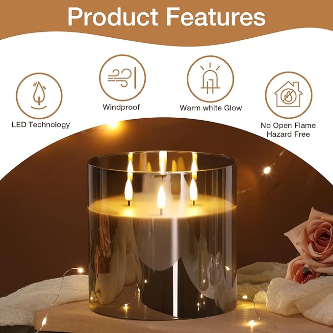 Eywamage 3 Wick Silver Grey Glass Flameless LED Candle with Remote, Flickering Large Battery Pillar Candle Decor Φ 6" H 6"