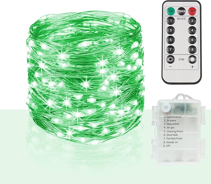 suddus Green Christmas Lights Battery Operatd, 66ft 200LED St Patricks Day Decorations Indoor, Fairy Twinkle Light with Remote for Halloween, Bedroom, Patio, Backyard, Outdoor Decorations