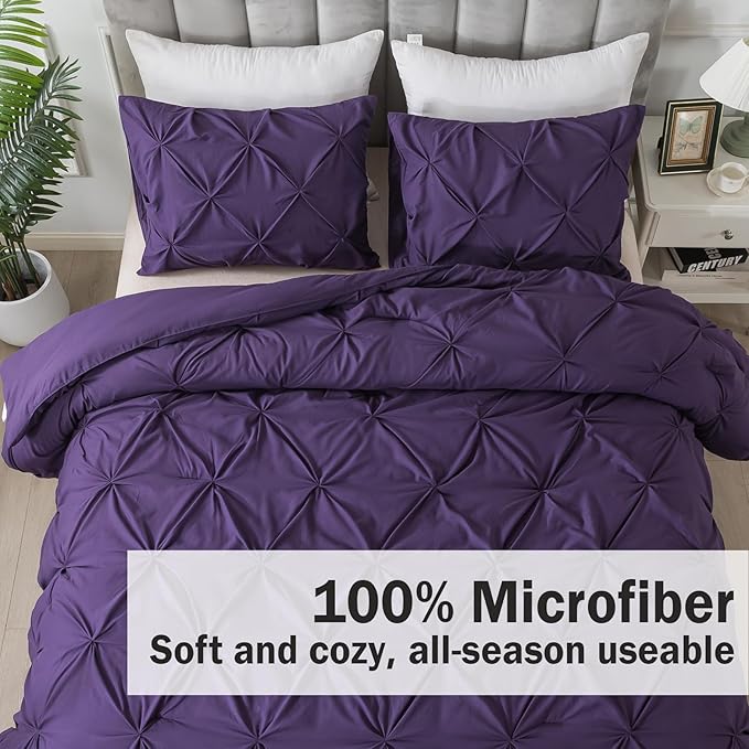 Andency Purple King Size Comforter Set, 3 Pieces Pintuck Lightweight Soft Bedding Comforters & Sets, All Season Microfiber Down Alternative Bed Comforter Set