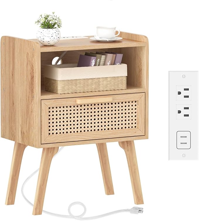 Lerliuo Rattan Nightstand with Charging Station, Boho Night Stand with Handmade Natural Rattan Drawer and Open Shelf, Cane Accent Side End Tables with Solid Wood Legs for Bedroom, Dorm, Small Spaces