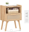 Lerliuo Rattan Nightstand with Charging Station, Boho Night Stand with Handmade Natural Rattan Drawer and Open Shelf, Cane Accent Side End Tables with Solid Wood Legs for Bedroom, Dorm, Small Spaces