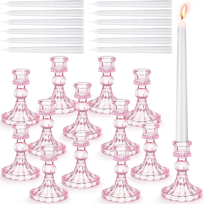 Suclain 24 Pcs Glass Taper Candle Holder Sets 12 Candlestick Holder with 12 White Long Candles for Wedding Party Decor Dinner Decoration(Pink)